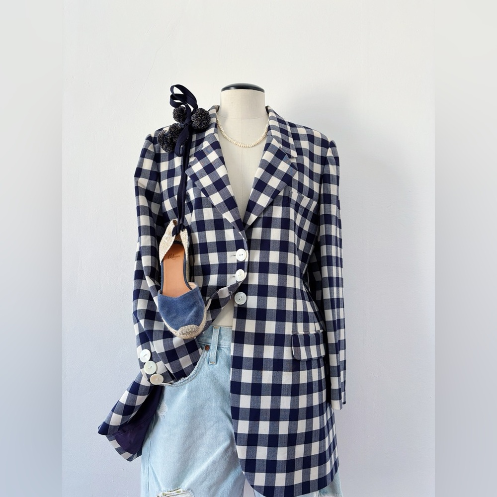 Checked Navy & White Blazer,frock coat,vest - Women's Suit Jacket